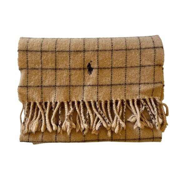Vintage Polo Ralph Lauren Camel Tan Check Lambswool Fringe Muffler Scarf - Picture 7 of 7